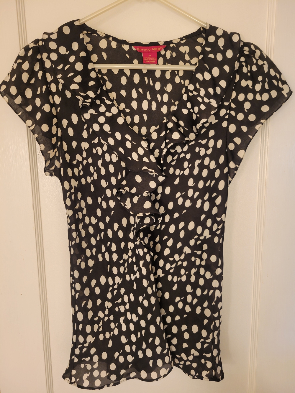 Sunny Leigh Black & White Polka Dot Ruffle V-Neck Blouse